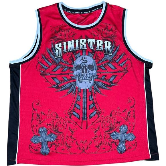 Sinister Y2K Skull Cross Red Black Gothic Mesh Tank Top - Picture 1 of 3